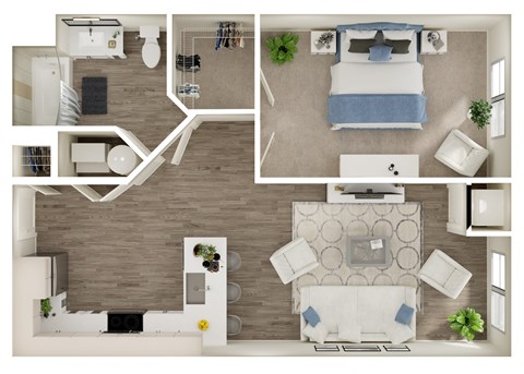 Floor plan for 1 bed, 1 bath, 739 sqft